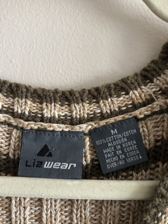 Liz Wear Sweater Vest Floral Medium Grandma Cottage Cable Knit Tan Pink Green - Picture 2 of 9